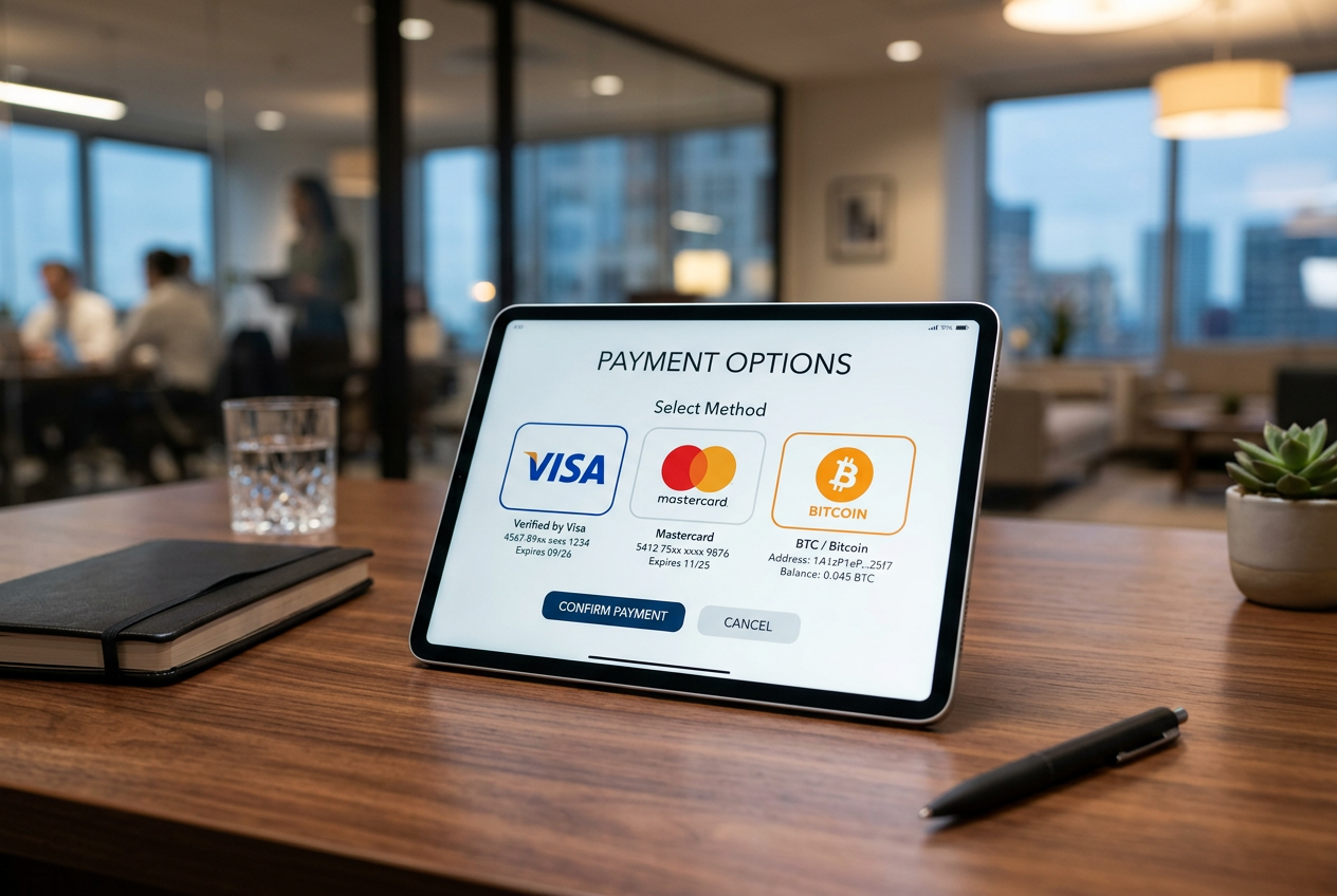 A tablet screen displaying payment methods and crypto logos