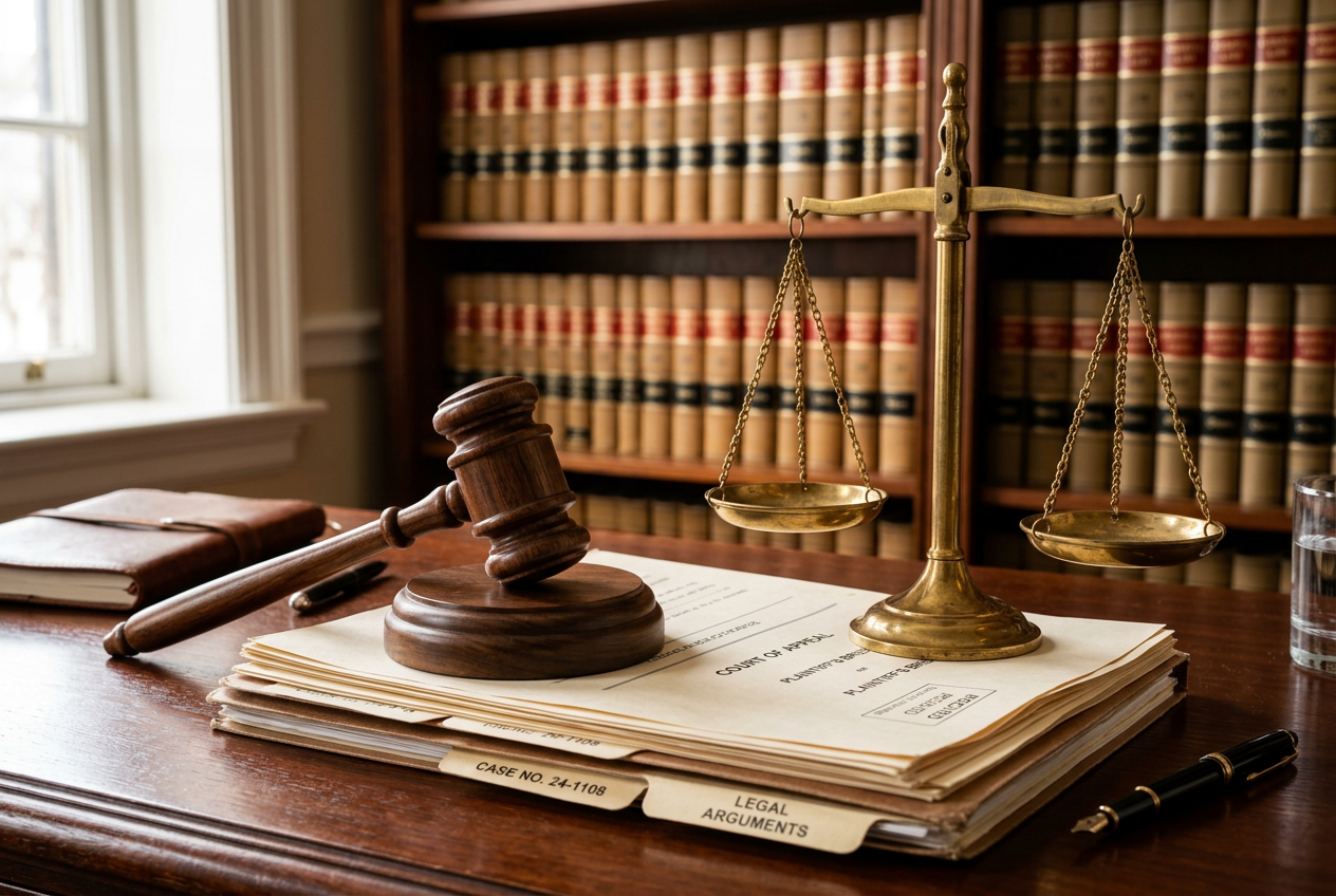 Legal scales and a gavel on top of official documents